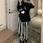 Short Sleeve Printed T-shirt / High Waist Striped Wide-leg Pants