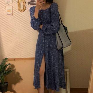 Long-sleeve Off-shoulder Floral Print Midi A-line Dress Blue - One Size