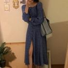 Long-sleeve Off-shoulder Floral Print Midi A-line Dress Blue - One Size