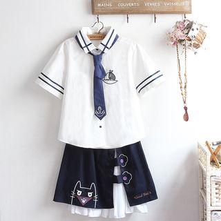 Embroidered Short-sleeve Shirt / A-line Skirt / Set