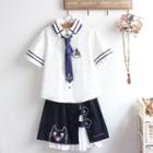 Embroidered Short-sleeve Shirt / A-line Skirt / Set