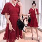 V-neck Short-sleeve Mini A-line Lace Dress