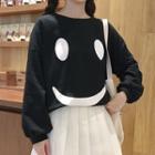 Long-sleeve Slit-back Smiley Face Print T-shirt