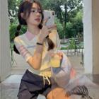 Polo-neck Color-block Cropped Top + Two-tone Shorts