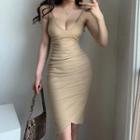 Spaghetti Strap V-neck Plain Asymmetrical Hem Bodycon Dress