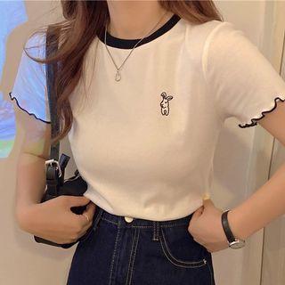Contrast Trim Ruffled Rabbit Embroidered Knit Top