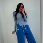 Round-neck Slit-hem Slim-fit T-shirt