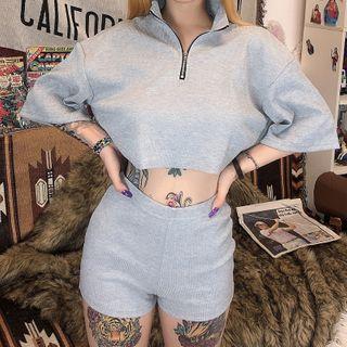 Set: Elbow-sleeve Half-zip Top + Shorts