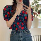 Puff-sleeve V-neck Rose Flower Cropped Blouse Blue & Red - One Size