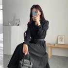 Notched-lapel Pleated-hem Dress With Belt