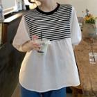 Elbow-sleeve Striped Panel Blouse White - One Size