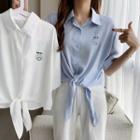 Short-sleeve Cartoon Embroidered Tie-front Shirt