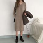 Long-sleeve V-neck Midi Knit Dress As Shown In Figure - One Size