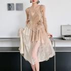Tie-shoulder Asymmetrical Lace Panel Midi A-line Dress