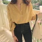 Long-sleeve Plaid Blouse Yellow - One Size
