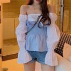Long-sleeve Off-shoulder Frill Trim Top As Shown In Figure - One Size