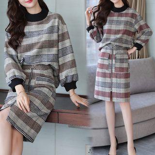 Set: Plaid Pullover + Zip Front Pencil Skirt