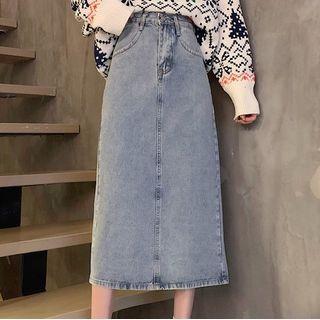 High-waist Back Slit Long Denim Skirt