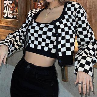 Set: Check Cropped Cardigan + Crop Tank Top