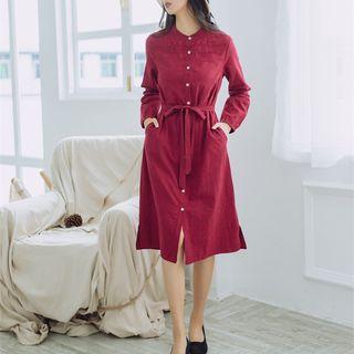 Embroidered Long-sleeve Single-breasted Midi Dress