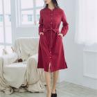 Embroidered Long-sleeve Single-breasted Midi Dress