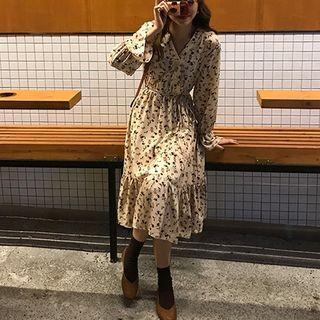Bell-sleeve Tie-waist Floral Midi Dress