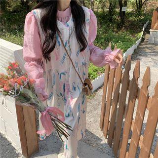 Puff-sleeve Shirred Blouse / Floral Print Midi Overall Dress