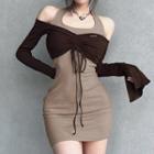 Set: Long-sleeve Off-shoulder Drawstring Crop Top + Halter Mini Bodycon Dress