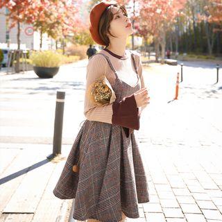 Set: Bell-sleeve Knit Top + Plaid A-line Pinafore Dress
