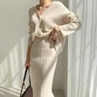 Set: Cable Knit Cardigan + Midi Fitted Skirt
