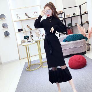 Long-sleeve Mock Neck Mesh Panel Midi Pleated Dress