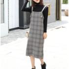 Long-sleeve Mock-neck Knit Top / Plaid Midi A-line Overall Dress