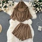 Set Of 2 : Short-sleeve Round-neck Hooded Drawstring Top + Medium Waist Wide-leg Shorts