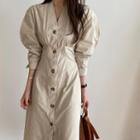 Buttoned Puff-sleeve Midi Sheath Dress