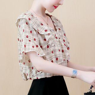 Strawberry Print Ruffle Short-sleeve Blouse