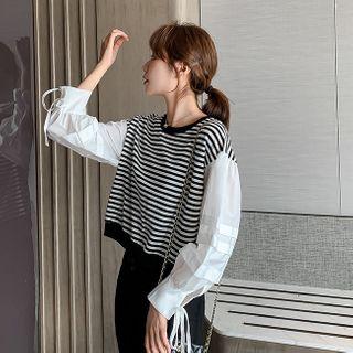 Balloon-sleeve Striped Knit Top Stripe - Black - One Size