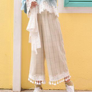 Fringed Plaid Wide Leg Pants