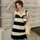 Sleeveless Pointelle Knit Top Stripes - Black & White - One Size