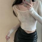 Long-sleeve Crochet Top / Camisole Top / Faux Leather Mini Pencil Skirt