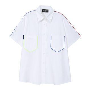 Elbow-sleeve Contrast Trim Shirt White - One Size