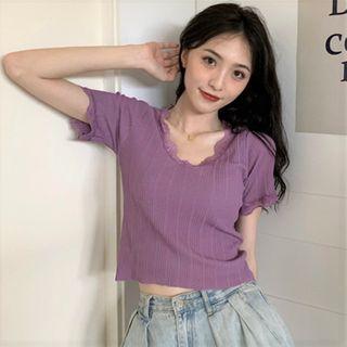 Plain V-neck Lace Short-sleeve Knit Top