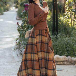 Set: V-neck Cardigan + Plaid Midi A-line Skirt