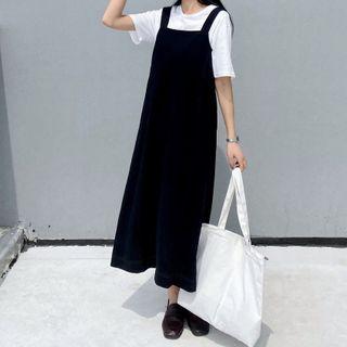 Drawstring Denim Midi Pinafore Dress