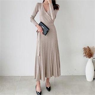 Pleated Tie-waist Wrap Dress
