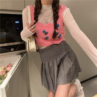 Long-sleeve Top / Floral Embroidered Knit Camisole Top