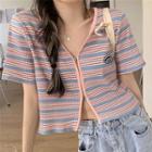 Short-sleeve V-neck Striped Zip-up T-shirt