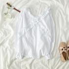 Long-sleeve Ruffled Plain Blouse White - One Size