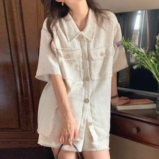 Set: Short-sleeve Tweed Shirt + Shorts Set - Off-white - One Size