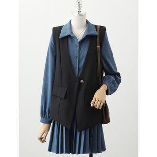 Plain Vest / Pleated Shirt Dress / Set