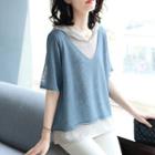Mock Two-piece Elbow-sleeve Hooded Knit Top Blue - One Size